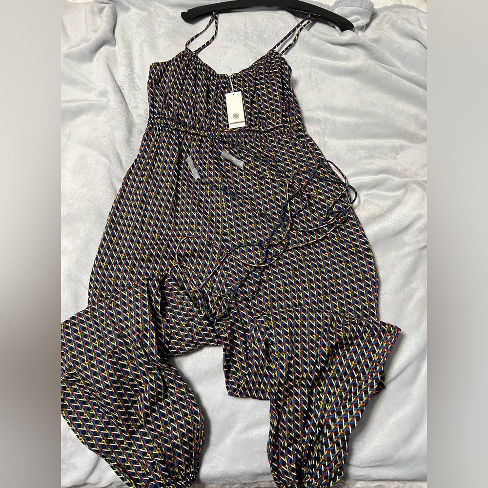Tory Burch Printed Jumpsuit in black basket weave